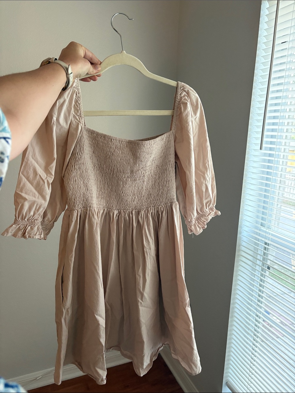 Smocked Bodice Puff Sleeve Mini Dress - Blush
